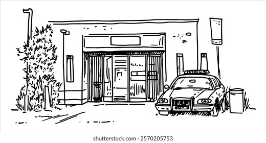 police station building with parked patrol car hand-drawn illustration