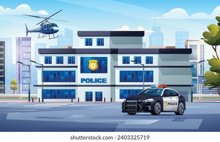 Edificio de la estación de policía con auto patrulla y helicóptero en el paisaje de la ciudad. Oficina del departamento de policía. Ilustración de dibujos animados del vector de fondo de Cityscape