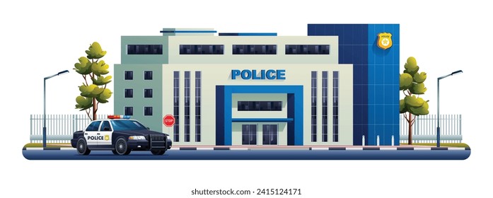 Police station building with patrol car. Police department office. Vector cartoon illustration