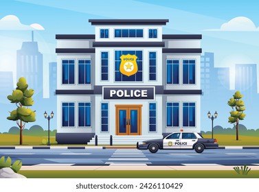 Polizeistation Gebäude mit Streifenwagen auf Stadtbild Hintergrund. Vektor-Cartoon-Illustration