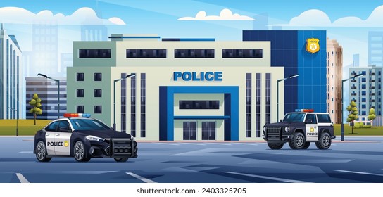 Edificio de la estación de policía con patrullas en el paisaje urbano. Oficina del departamento de policía. Ilustración de dibujos animados del paisaje urbano