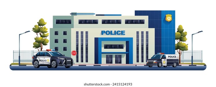 Police station building with patrol cars. Police department office. Vector cartoon illustration