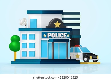 Police station and car, department building 3d vector, on bright blue background. Suitable for design elements