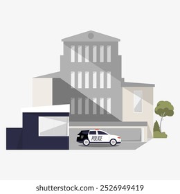 Police station with police car in flat vector illustration symbolizing law enforcement, security, and city infrastructure, isolated on white background.