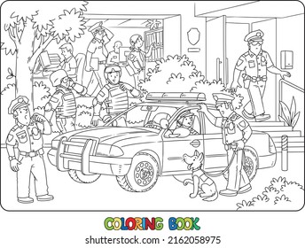 Police station, car and officers. Coloring book