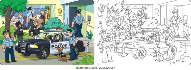 Police station, car and officers. Coloring book