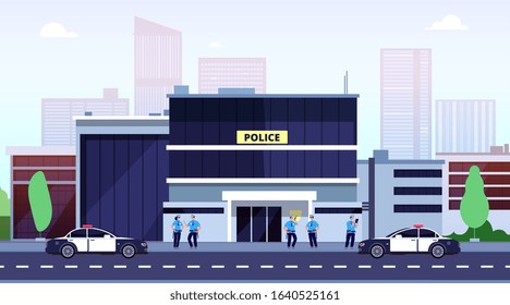 Police station. City police department building and cops. Policeman car at office security exterior. Law enforcement vector concept