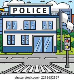 Police Station Colored Cartoon Illustration