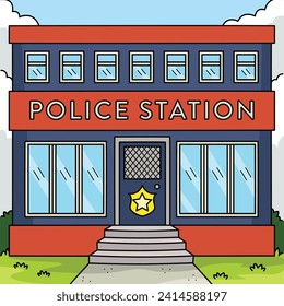 Police Station Colored Cartoon Illustration