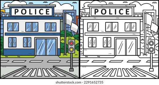 Police Station Coloring Page Colored Illustration