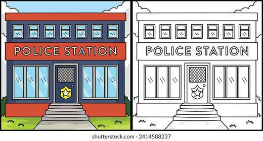 Police Station Coloring Page Colored Illustration