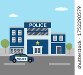 Police station department building in city landscape with police car in flat design concept vector illustration.