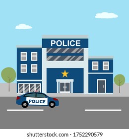 Police station department building in city landscape with police car in flat design concept vector illustration.