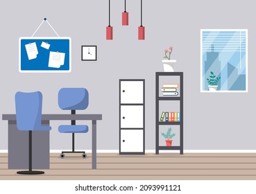 Police Station Department Building with Investigation Bureau Room Interior, Prison Cell and Office Furniture in Flat Style Background Illustration