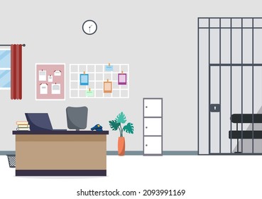 Police Station Department Building with Investigation Bureau Room Interior, Prison Cell and Office Furniture in Flat Style Background Illustration