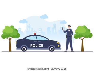 Police Station Department Building with Policeman and Police Car in Flat Style Background Illustration