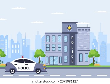 Police Station Department Building with Policeman and Police Car in Flat Style Background Illustration