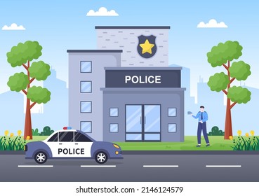 Police Station Department Building Vector Illustration with Policeman and Car on Flat Cartoon Style Background