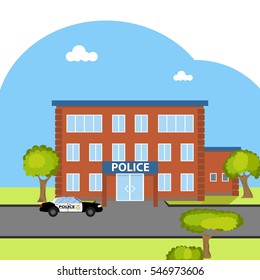 Police station, police department, cop, law, building, car. Flat design, vector illustration, vector.