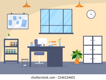 Police Station or Department Vector Illustration with Work Desks, Ofice Furniture, Map and Pin Board on Flat Cartoon Style