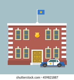 Police station with flag and shield sign. ?ity police department red brick building and car. Infographic element. Flat style vector illustration