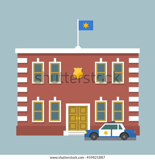 Police station with flag and shield sign.\
?ity police department red brick building and car. Infographic\
element. Flat style vector\
illustration