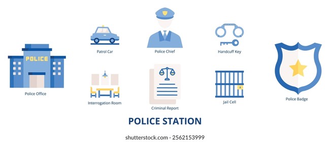 Police Station Flat Banner Web Icon Set Vector Illustration