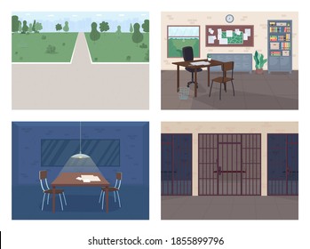 Police Station Flat Color Vector Illustration Set. Empty Policeman Office. Interrogation Room. Crime Investigation. Public Park. Legal Department 2D Cartoon Interior With Furniture On Background Pack