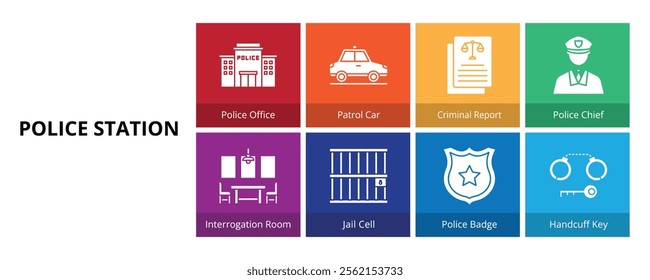 Police Station Glyph Solid Banner Web Icon Set Vector Illustration