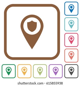 Police station GPS map location simple icons in color rounded square frames on white background