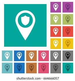 Police station GPS map location multi colored flat icons on plain square backgrounds. Included white and darker icon variations for hover or active effects.