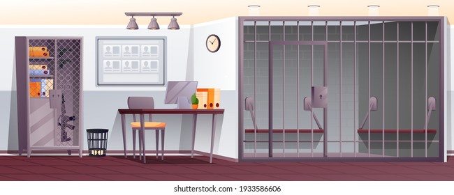 Police station interior background. Security department office with jail cell vector illustration. Room with desk, computer, chair, binders, cupboard with gun. Horizontal panorama.
