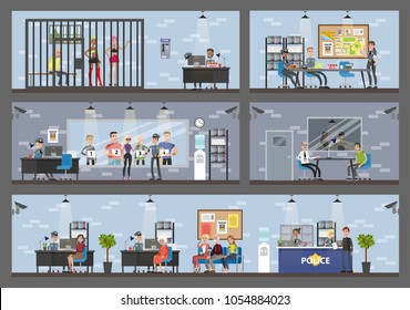 Police Station Interior With Cops And Visitors.