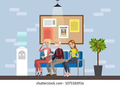 Police station interior with cops and visitors.