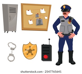 Police station interior element cartoon vector set.