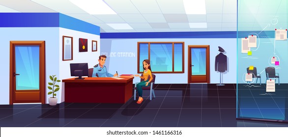 Police station interior with policeman and girl visitor communicating, man officer listening and writing woman victim or witness testimony, interrogation, testify, cop work Cartoon vector Illustration