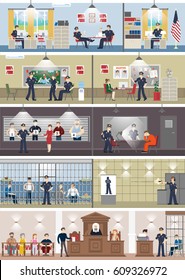 Police Station Interior Set With Rooms. Office Room, Witness Interview Room, Prison Cell And Receiving Desk.