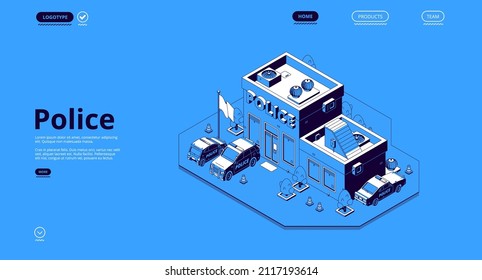 Polizeistation isometrische Landungsseite mit Polizisten Abteilung Gebäude Fassade, Patrouillenwagen und schwenkbare Fahne. Prächtige Hausarchitektur, 3D-Vektorgrafik, Webbanner