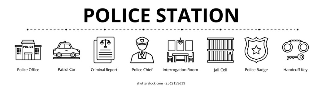 Police Station Line Banner Web Icon Set Vector Illustration 