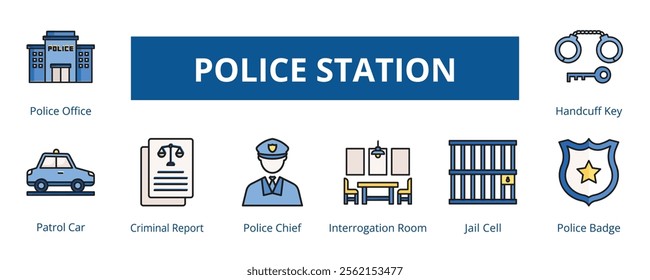 Police Station Lineal Color Banner Web Icon Set Vector Illustration