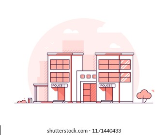 Police station - modern thin line design style vector illustration on white urban background. Red colored high quality composition with a facade of department, bush, rubbish bin. City architecture