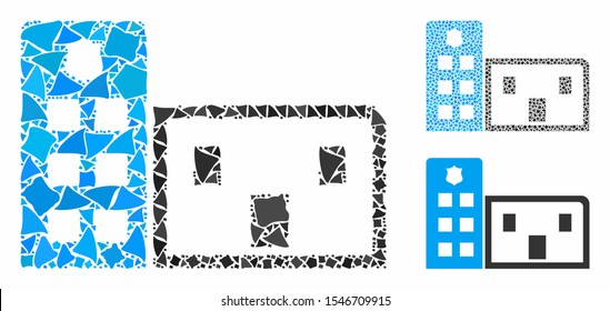 Police station mosaic of rough pieces in different sizes and color tints, based on police station icon. Vector raggy parts are composed into mosaic. Police station icons collage with dotted pattern.