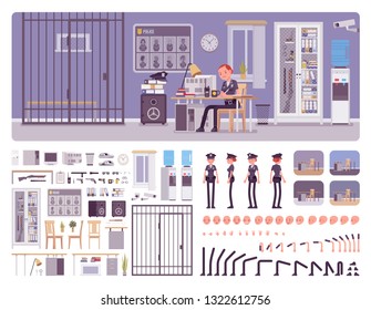 Police station office interior creation kit with policewoman, officer at workspace, full set to build own design, staff working area constructor elements. Cartoon flat style infographic illustration