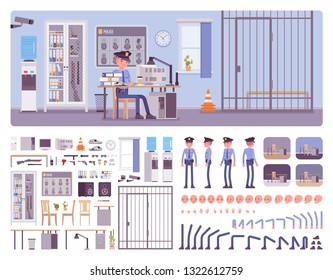 Police station office interior creation kit with policeman, officer at workspace full set to build your own design, staff working area constructor elements. Cartoon flat style infographic illustration