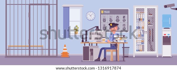 Police station office and a policeman
working. Male officer sitting at workplace in city department, room
interior with professional tools, wanted poster, gun cabinet, jail
cell. Vector
illustration