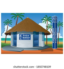 Police station on tropical beach kiosk, drawn in cartoon style. Vector illustration.