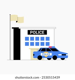 Police station with a patrol car in front in flat vector illustration symbolizing law enforcement, safety, and public service, isolated on white background.