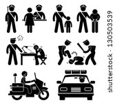 Police Station Policeman Motorcycle Car Report Interrogation Stick Figure Pictogram Icon