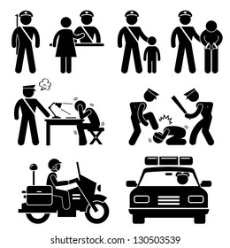 Police Station Policeman Motorcycle Car Report Interrogation Stick Figure Pictogram Icon