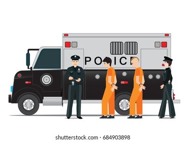 Police station with prison bus, cop and prisoner in orange prisons handcuffed isolated on white, flat style Vector illustration.